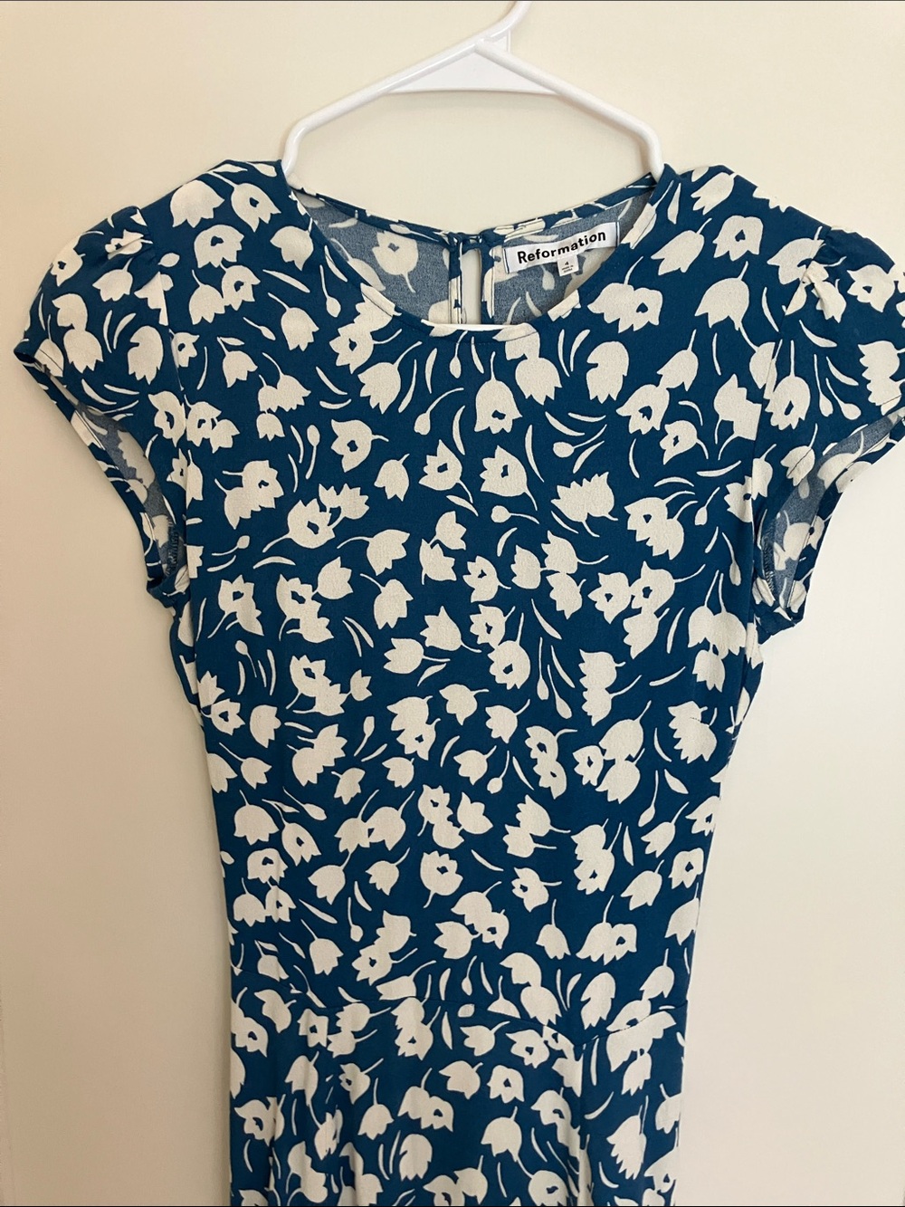 Reformation Blue and White Floral Cap-Sleeve Maxi Dress
